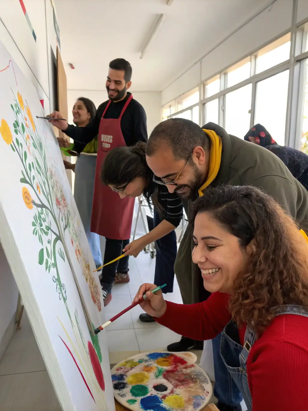 A vibrant image of participants actively engaged in a modern art workshop at the AFC Museum, focusing on abstract painting techniques.