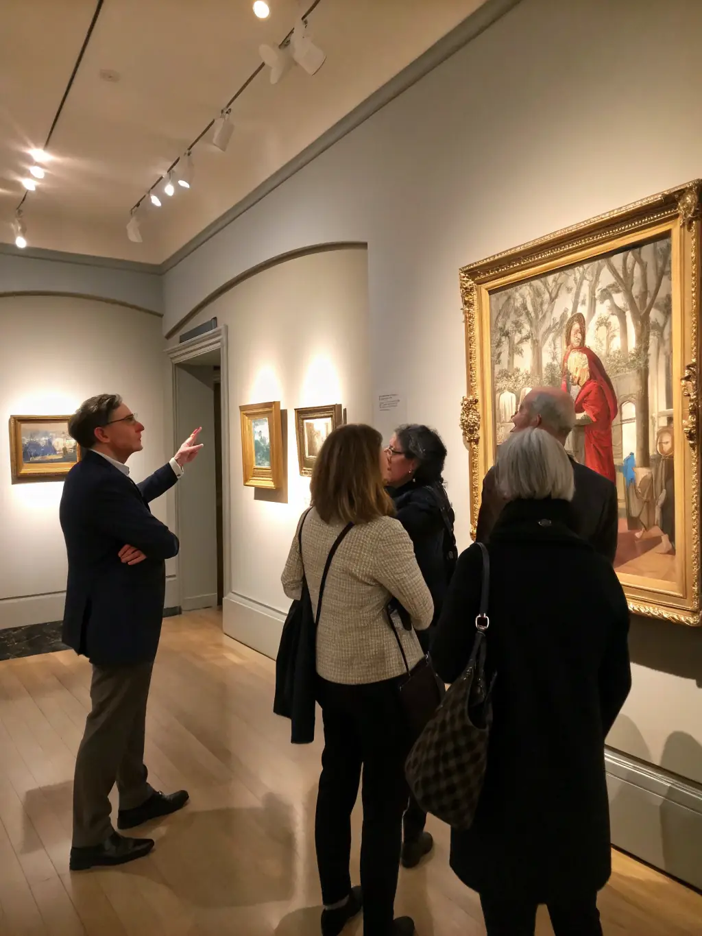 A photograph capturing a guided tour group listening attentively to a museum curator in front of a significant modern art piece at the AFC Museum.